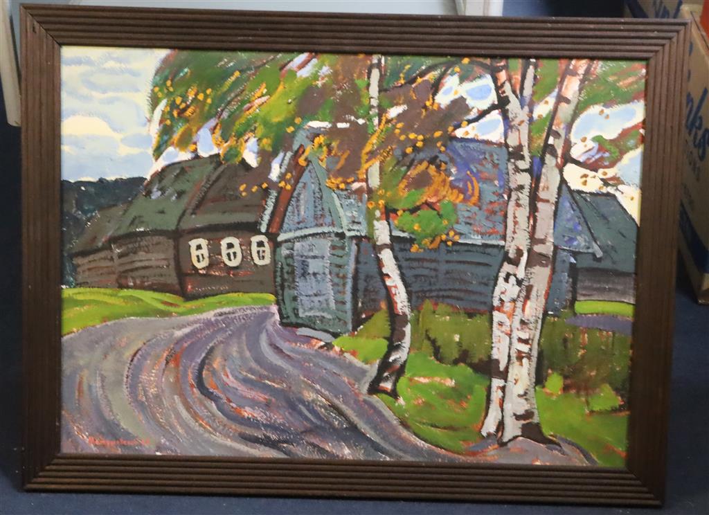 Yuri Matushevski (Russian, 1930-1999) Birch trees and daccas in summer 19 x 27in.